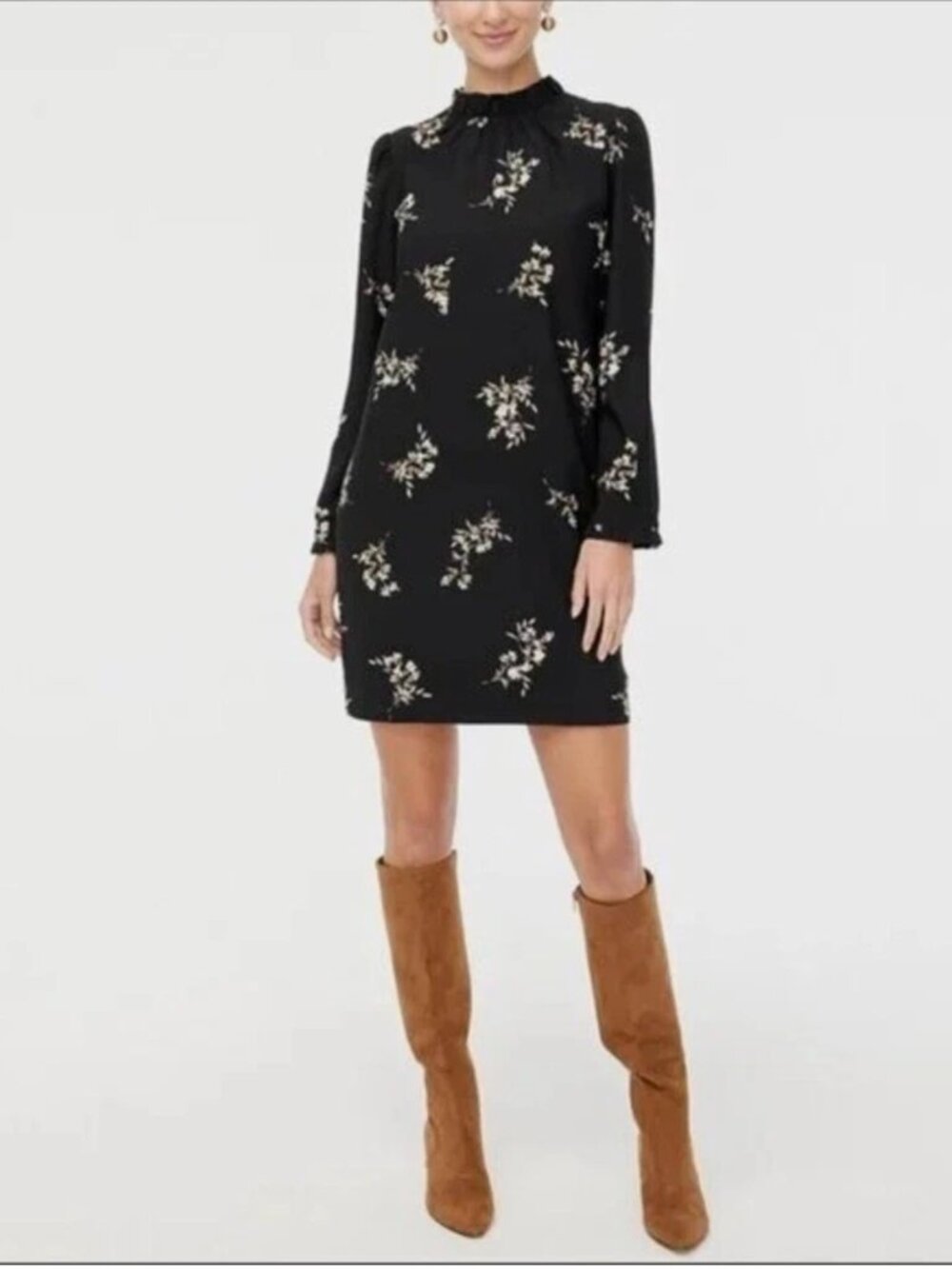 J. Crew Boho Chic Black Floral Long Sleeve Ruffle High Neck Shift Dress Size 8